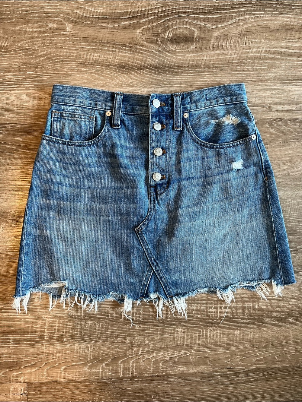 Madewell Ridge A-Line Denim Skirt Button Front Ripped Hem Size 27
